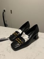 Massimo Dutti Leather Block Heel Chain Loafers, EU 39