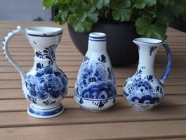 3er Set Vintage Delft Blauw Mini-Vasen / Krüge – Handbemalt 
