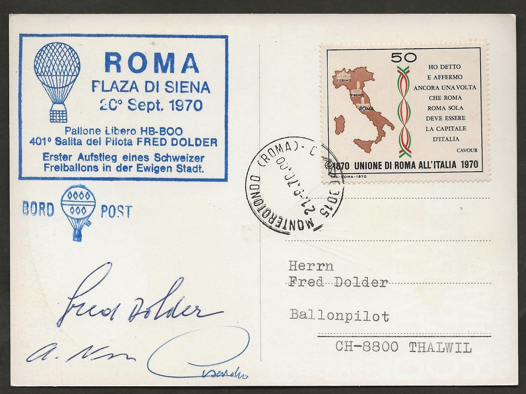 Tutti i francobolli: Ballon 1970 Schweiz Italien Luftpost – Usato da Au ZH venduto da xelagreb01