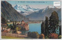 Chillon - Chauteau de Chillon et la  Dent du Midi - Litho
