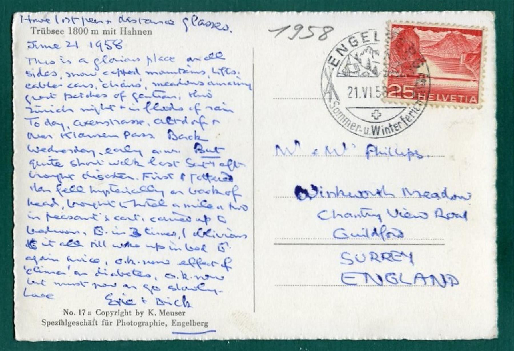 Cartoline postali: Trübsee mit Hahnen, 1958, gelaufen – Usato da Sargans venduto da Hausi1951 1