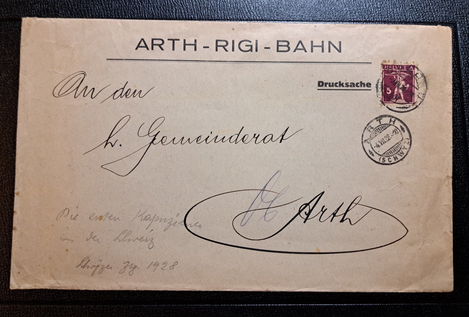 Alle Briefmarken: Drucksache Arth-Rigi-Bahn nach Oberarth, 1928 – Gebraucht aus Unterägeri von PhilatelieStudiger