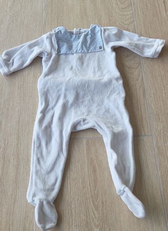 Pyjama bébé en velours blanc et bleu rayé - Taille 6 mois