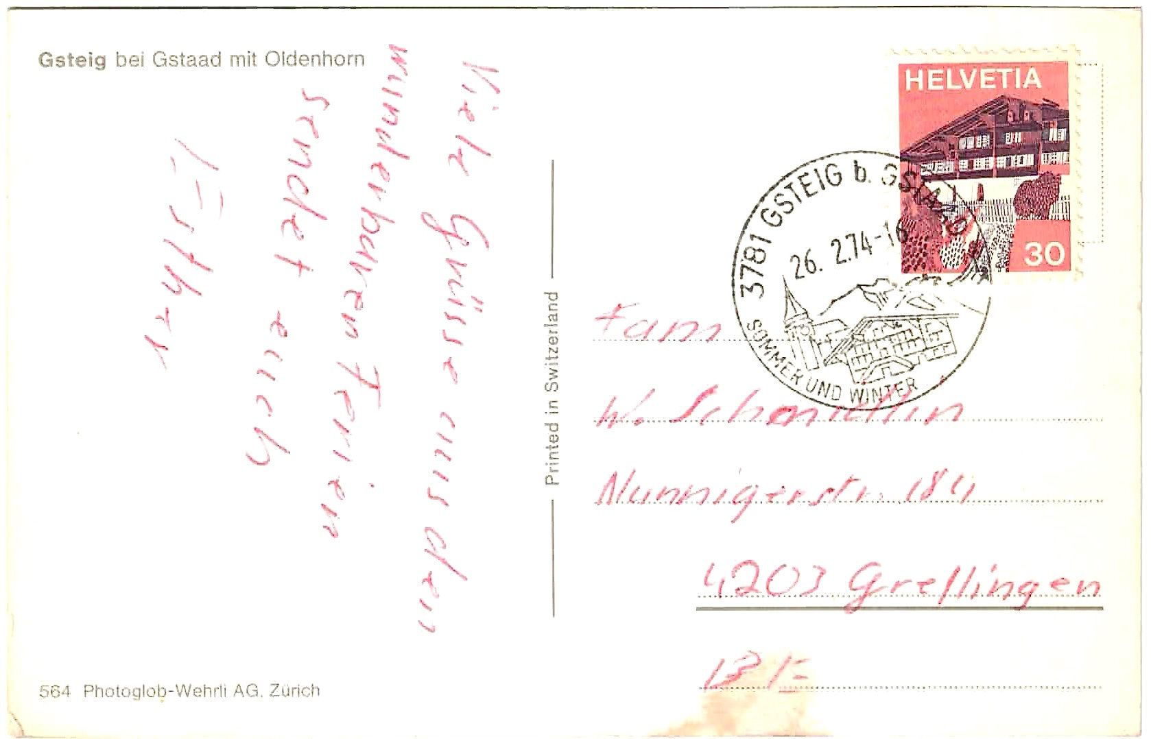 Cartoline postali: GSTEIG nei Gstaad mit Oldenhorn ca. 1970 – Usato da Oberdorf BL venduto da Hopfehuepfer 1