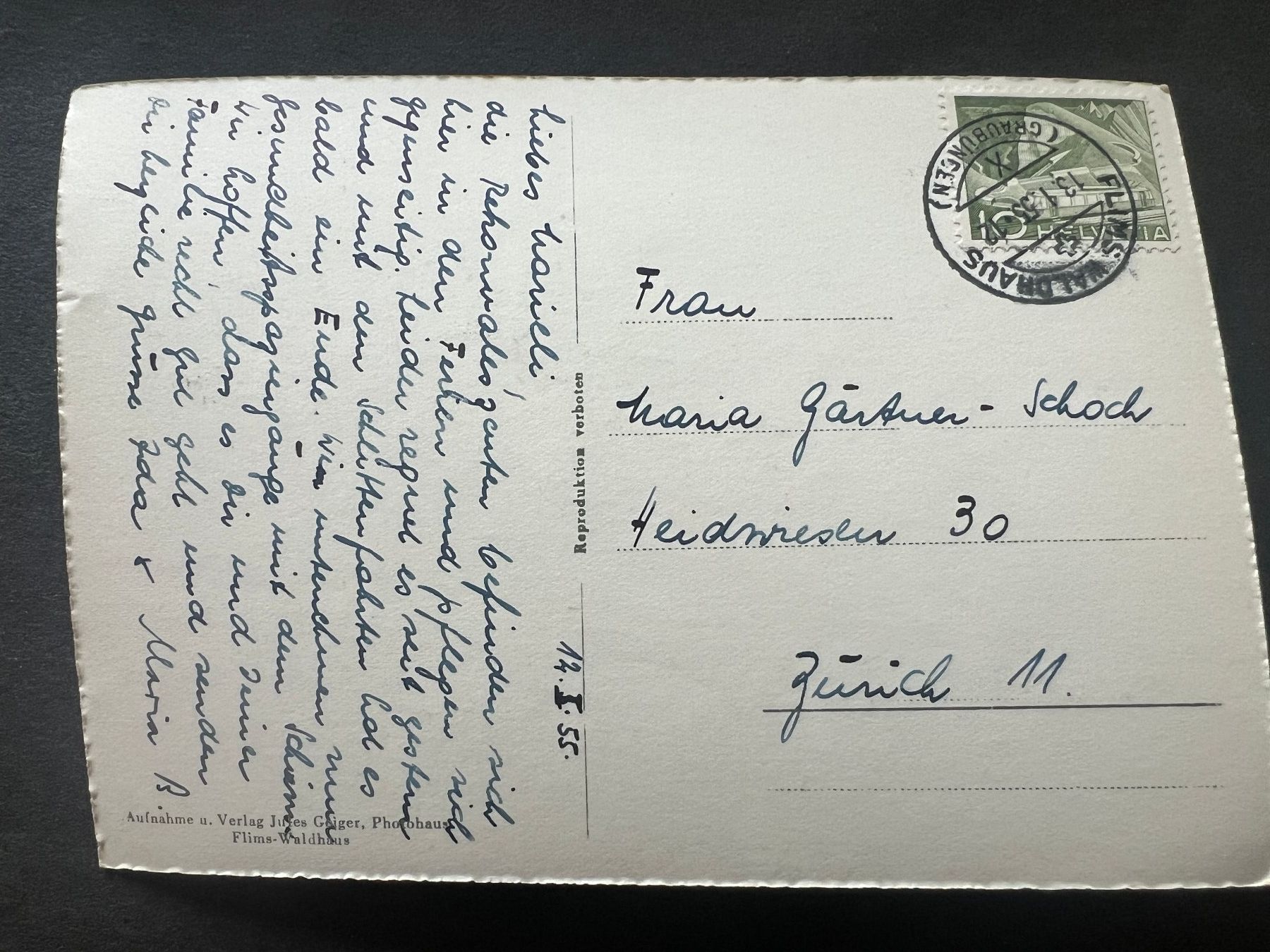 Cartoline postali: Ansichtskarte Flims 1955    (M164) – Usato da Hinwil venduto da Sidi4 1