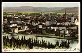 AK Aarau, Ortsansicht mit Brücke und Flussufer