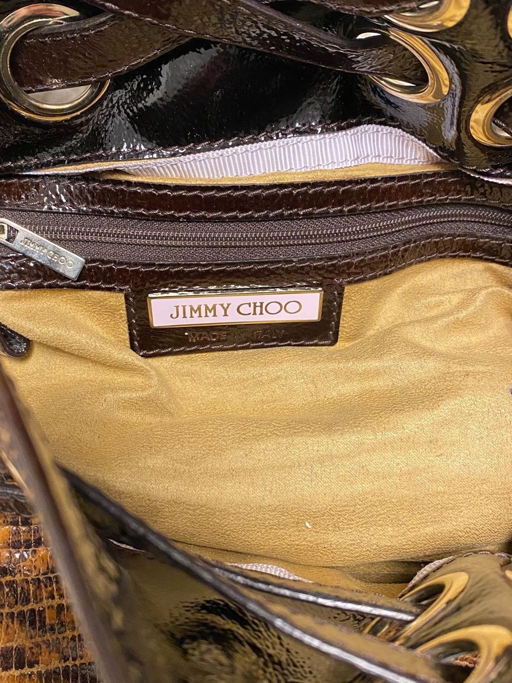 Jimmy Choo Borse da donna: Braune Jimmy Choo Lackledertasche mit Python Effekt – Usato da Taverne venduto da Monica80 3