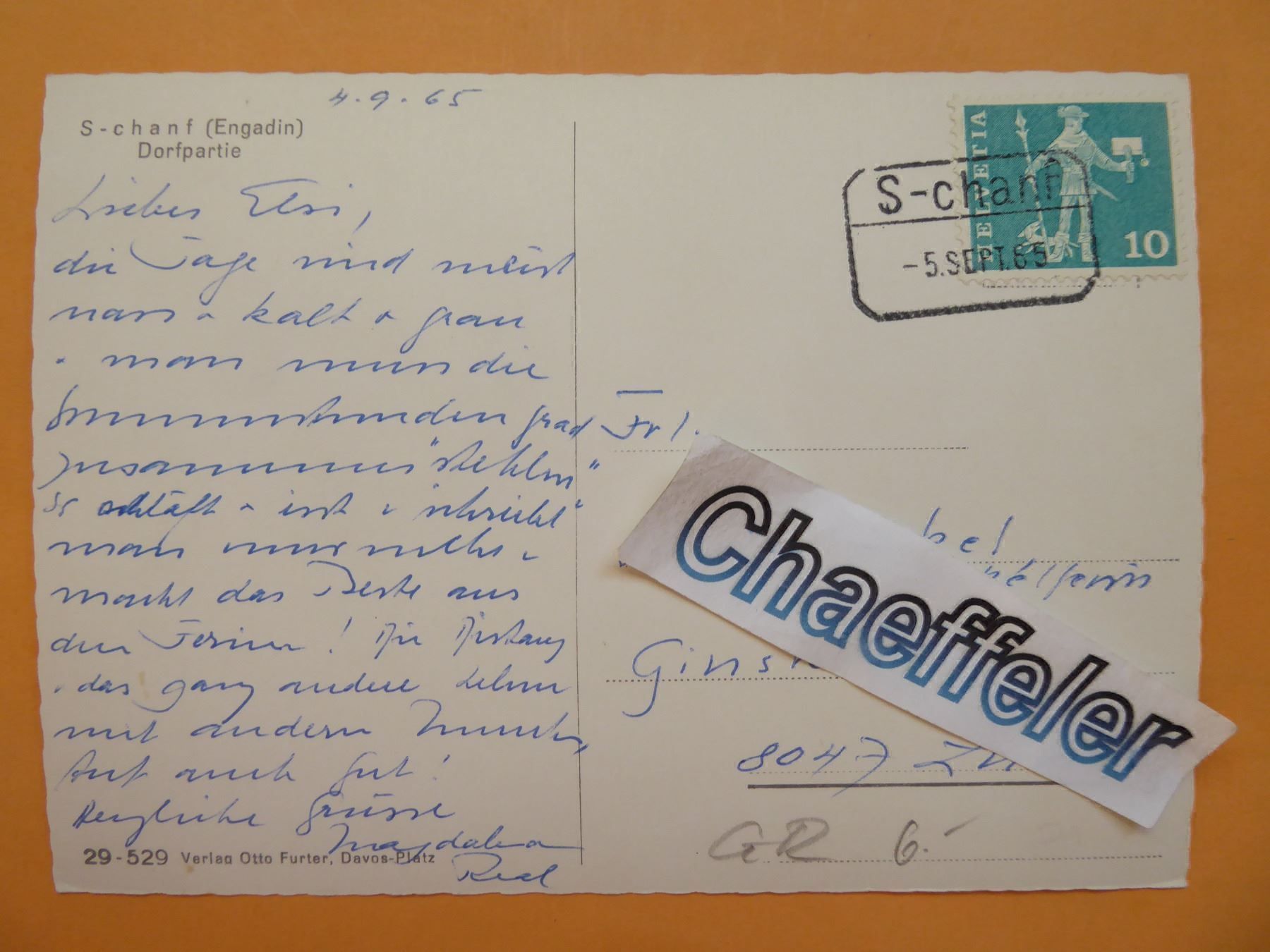 Cartoline postali: 1965 S-chanf (Engadin) Dorfpartie – Usato da Zürich venduto da Chaeffeler 1