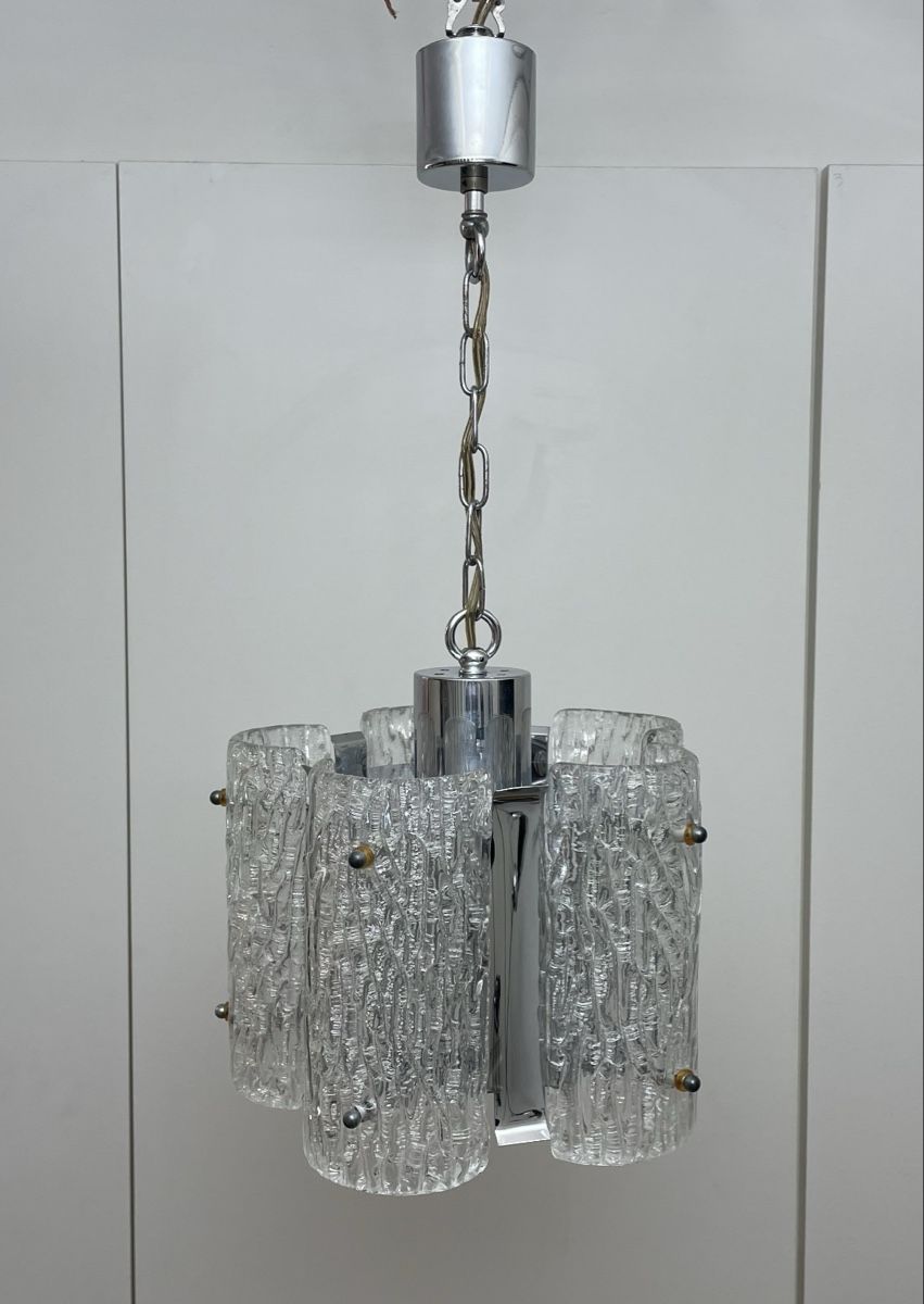 Kronleuchter & Deckenlampen: Space age Glas Hängelampe Eisglas Chrom Deckenlampe vintage – Gebraucht aus Zürich von Vintagewiesel