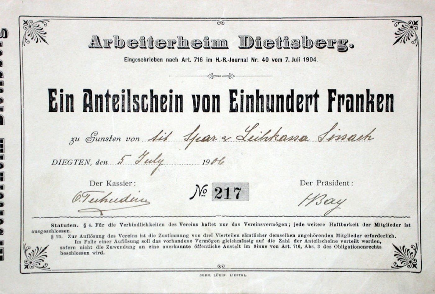 Dokumente: Arbeiterheim Dietisberg, Diegten - 1906 – Gebraucht aus Solothurn von Sgasche