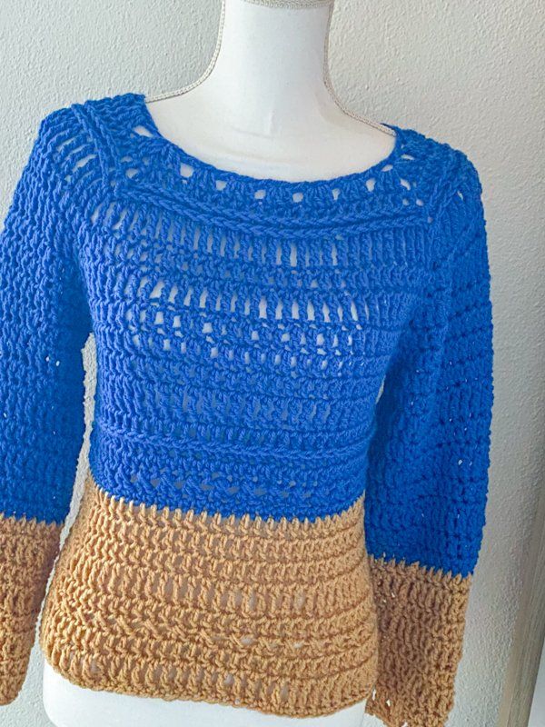Maglioni & Felpe: Gehäkelte Topdown Pullover Pulli blau beige – Nuovo (secondo la descrizione) da Carabbia venduto da katiamandelli