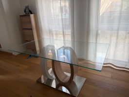 Esstisch mit Glasplatte, Holz Chrom