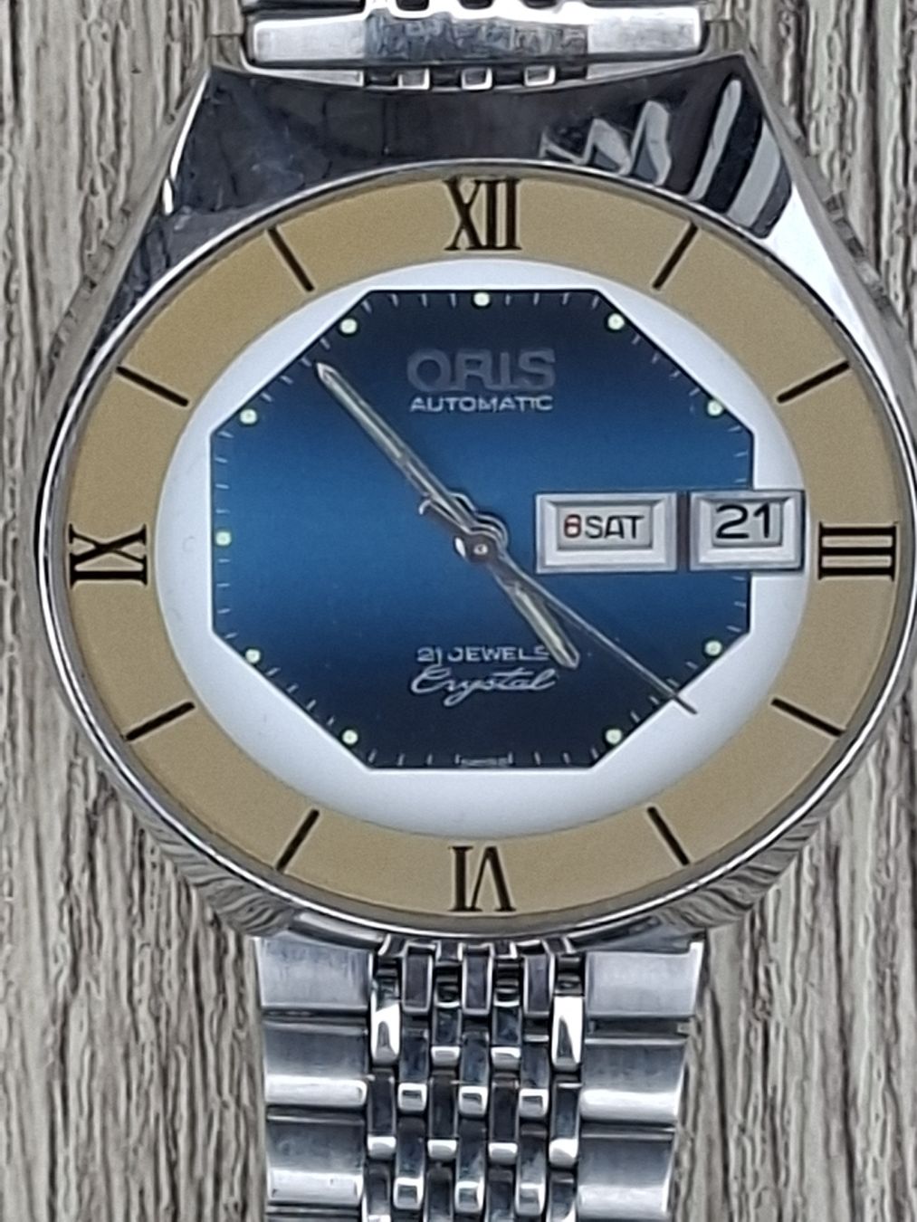 Oris Orologi: Oris Crystal D/D Auto eith Roman Numerals and blue dial.1970 – Usato da St-Cergue venduto da gar_x2b7 1