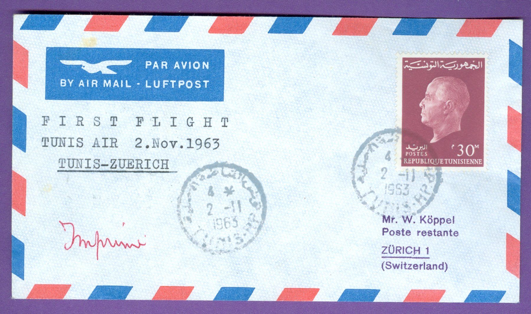Tutti i francobolli: 1963 Tunesien Flugpost RF – Usato da Zürich venduto da yago-rot