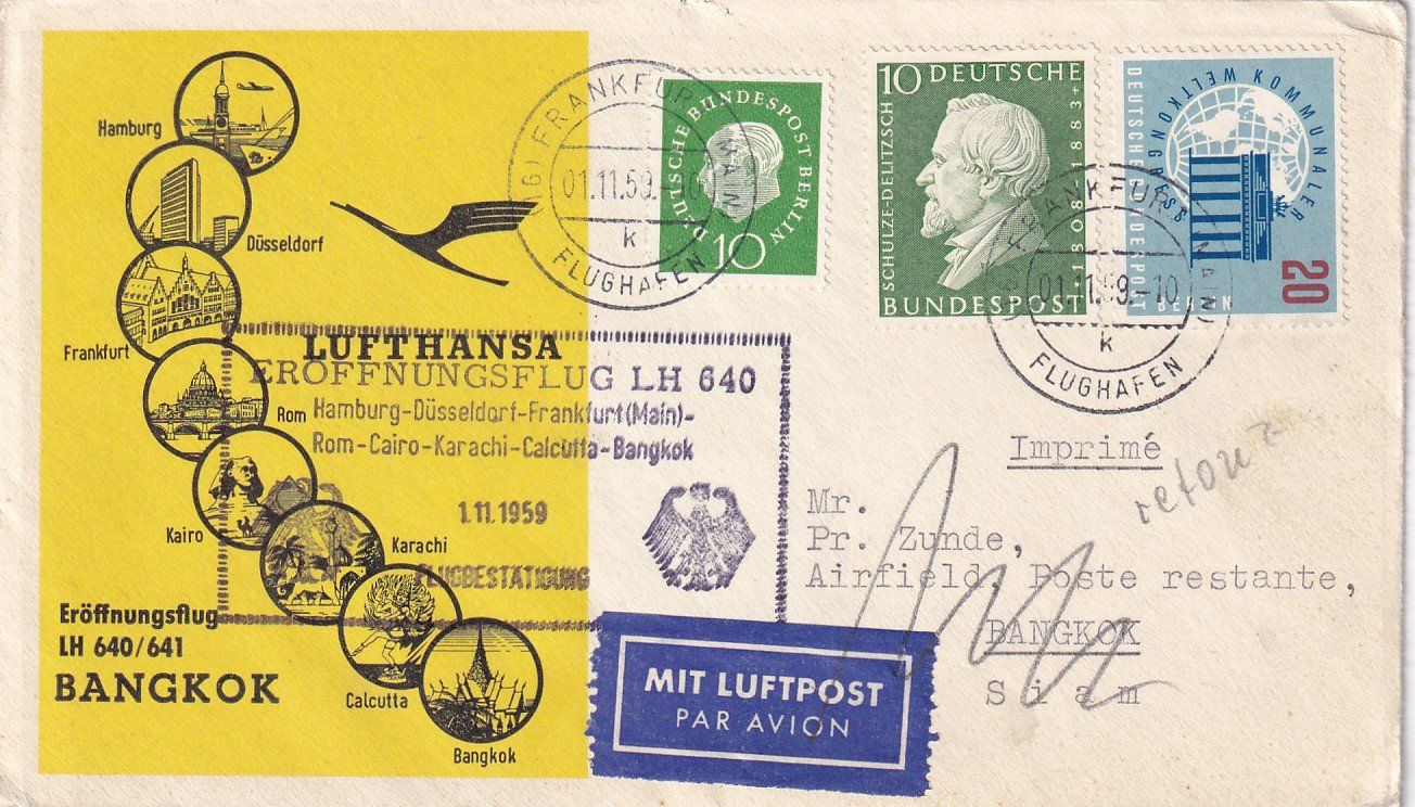 Alle Briefmarken: Erstflug Lufthansa Frankfurt - Bangkok 1959 – Gebraucht aus Baar von Asmara111
