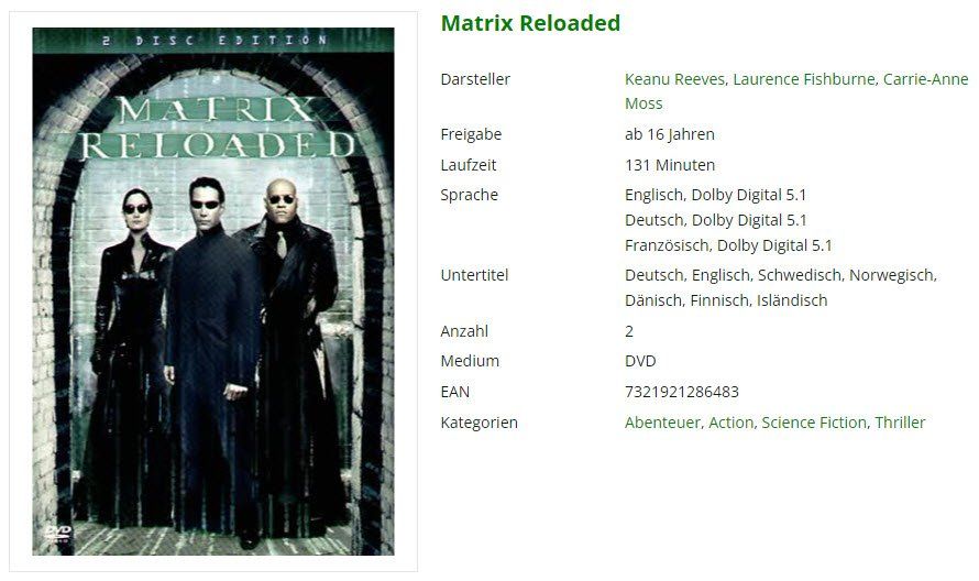 Tous les DVDs: Matrix Reloaded (DVD) – D'occasion à Emmetten par SVollenweider