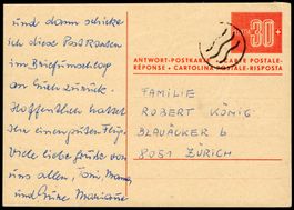 30 Rp. Antwort-Postkarte mit österreichischer Nachentwertung