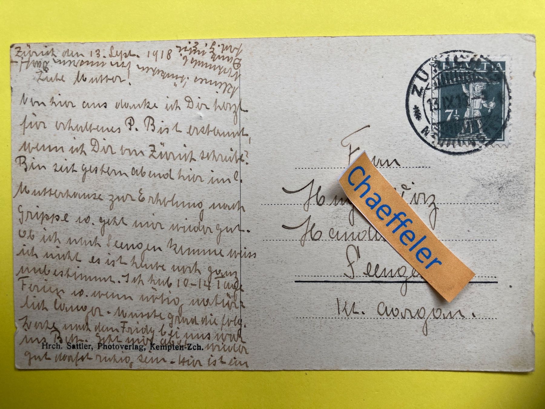Cartoline postali: 1918 Wetzikon - Zürich – Usato da Zürich venduto da Chaeffeler 1