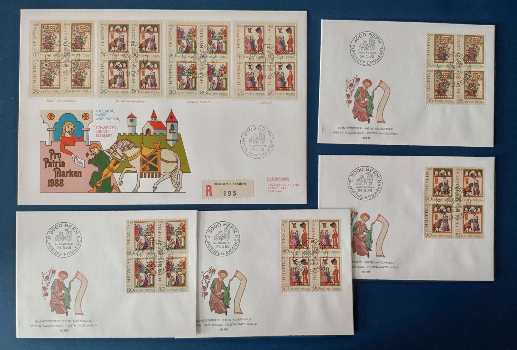 Alle Briefmarken: 5 FDC 4er / Serie + Einzeln / Pro Patria / 24.5.88 Bern – Gebraucht aus Volketswil von Spacepanda