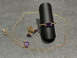 Collier, Ohrstecker, Ring Schmuckset 18k Amethyst
