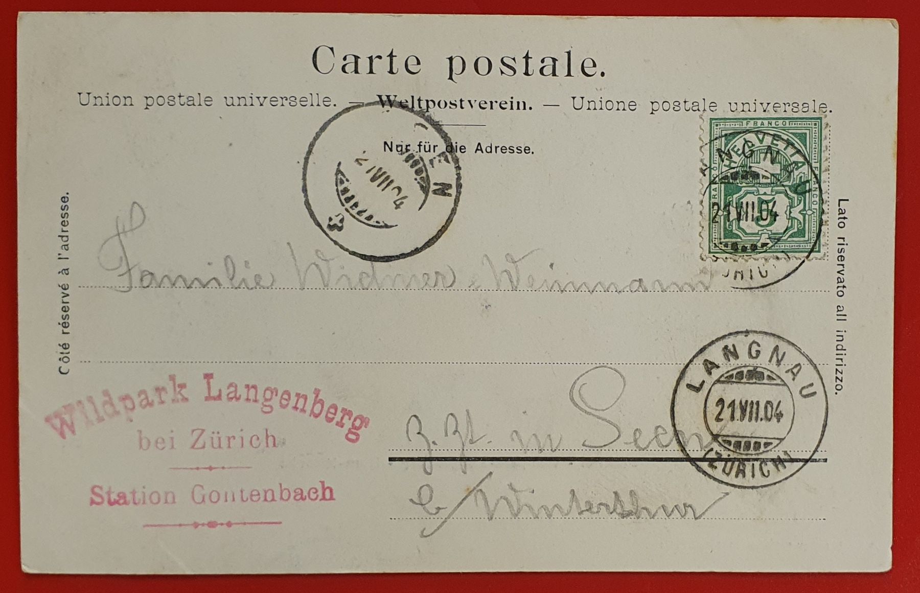 Cartoline postali: Wildpark Langenberg Sihltal Zürich 1904 – Usato da Kreuzlingen venduto da Rschweiz1 1