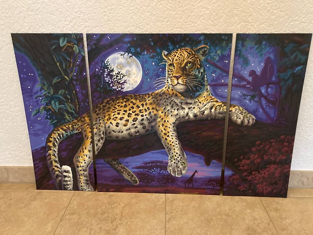 Dipinti: Bild/Gemälde "Jäger der Nacht", Leopard auf Baum, 3-teilig – Nuovo (secondo la descrizione) da Gelterkinden venduto da froggy80