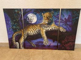 Bild/Gemälde "Jäger der Nacht", Leopard auf Baum, 3-teilig