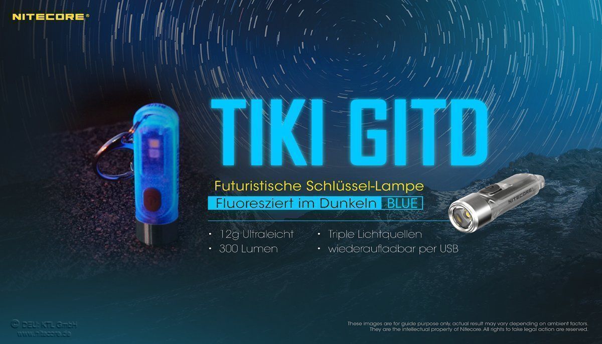 NiteCore Lampen: Nitecore TIKI GITD Blue-Glow in the dark – Neu und originalverpackt aus Grüningen von Prolumin