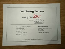 Tony Sport Gutschein CHF 30.-- Rothenthurm / Sattel