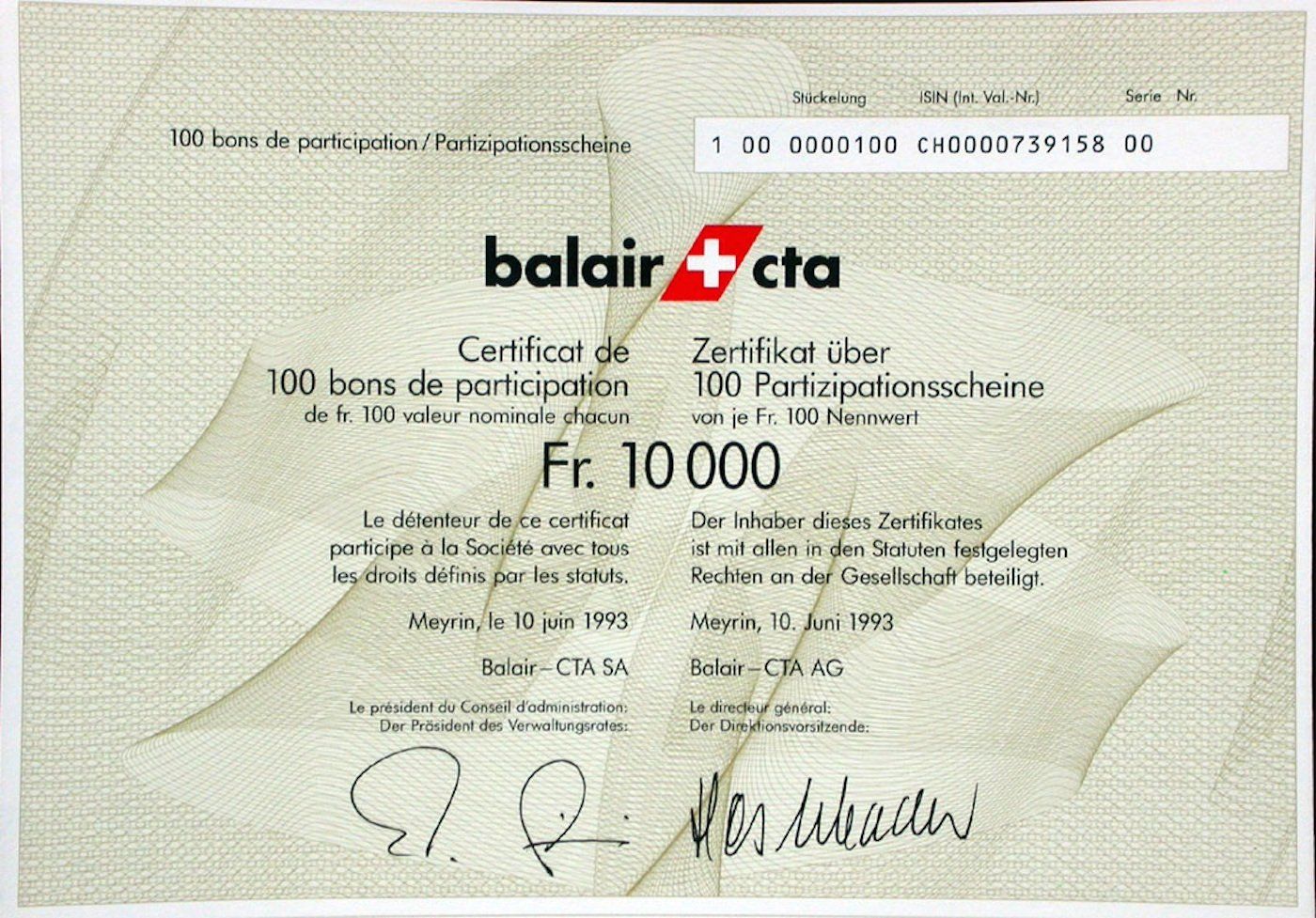 Dokumente: Balair-CTA AG, Meyrin - 1993 – Gebraucht aus Solothurn von Sgasche