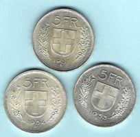 1951,1953+1954 Lot 3x 5 Franken Silber, vorz.-stgl (15929)