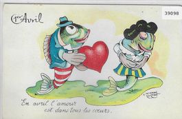1er Avril 1. April - Verliebte Fische - Litho