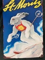 Aluschild used-look Skihase St. Moritz 20x30 Hase Schnee