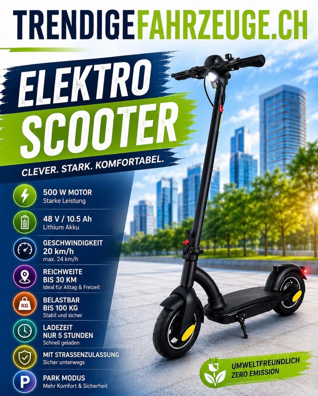 Kickboard: cooler starker E- Scooter 48v / 500W max. 800W , E- Trotti – Neu und originalverpackt aus Ruswil von Trendigefahrzeuge