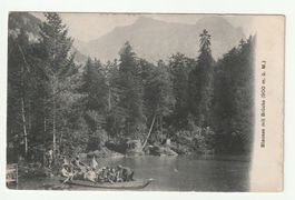 Postkarte Selten 1909, Blausee mit Brücke im Berner Oberland
