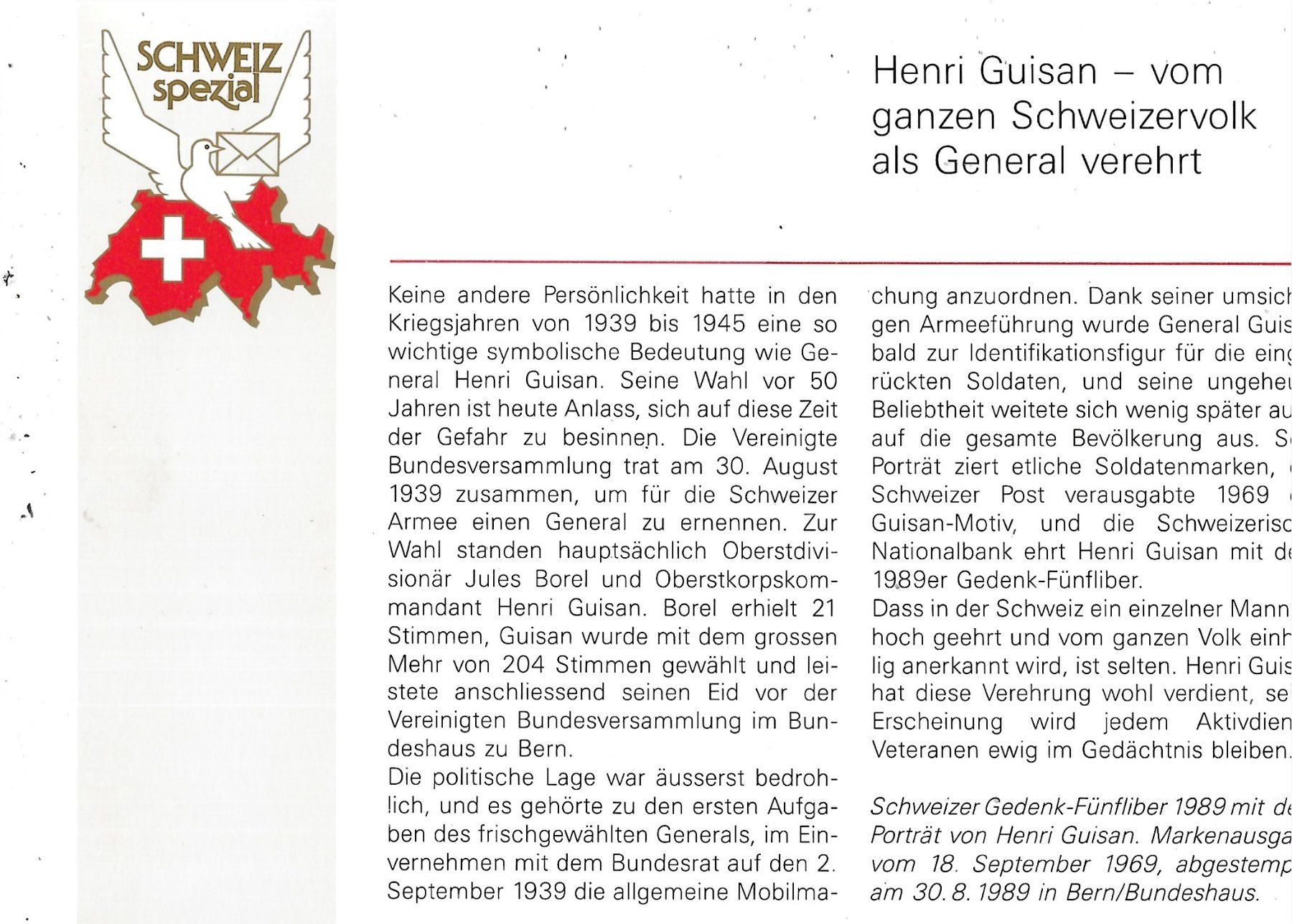 Tutti le monete: Numisbrief 1989 5 Fr. General Guisan – Usato da Schocherswil venduto da prinzipal60 2