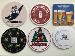 6 Bierdeckel: Joranbräu, Rothaus, Smithwicks u.a.