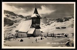 AK Inner-Arosa, Kirchlein mit Friedhof im Winter