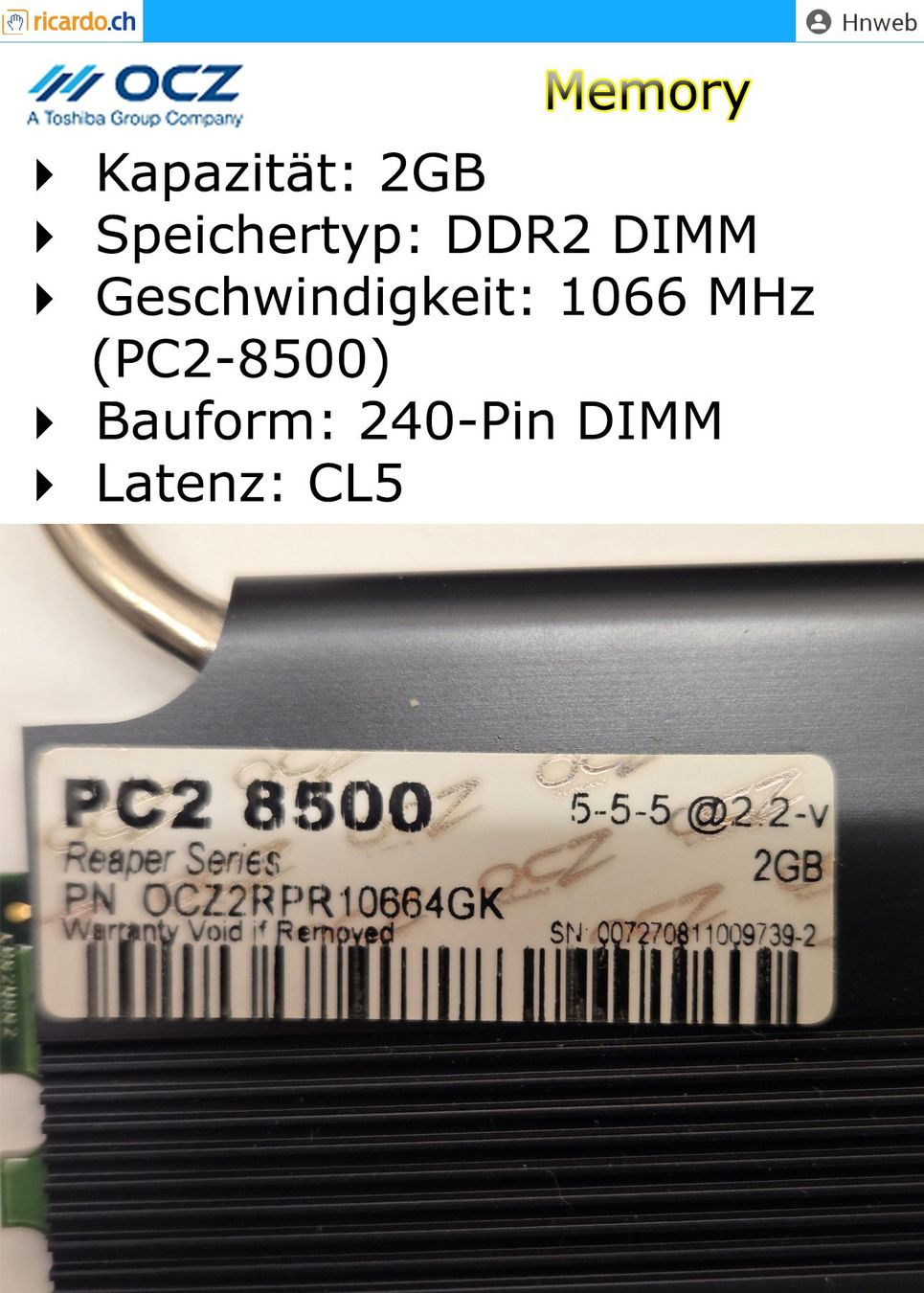 Memoria / RAM: OCZ 2GB RAM DDR2 240-Pin DIMM – Usato da Kaisten venduto da Hnweb 1