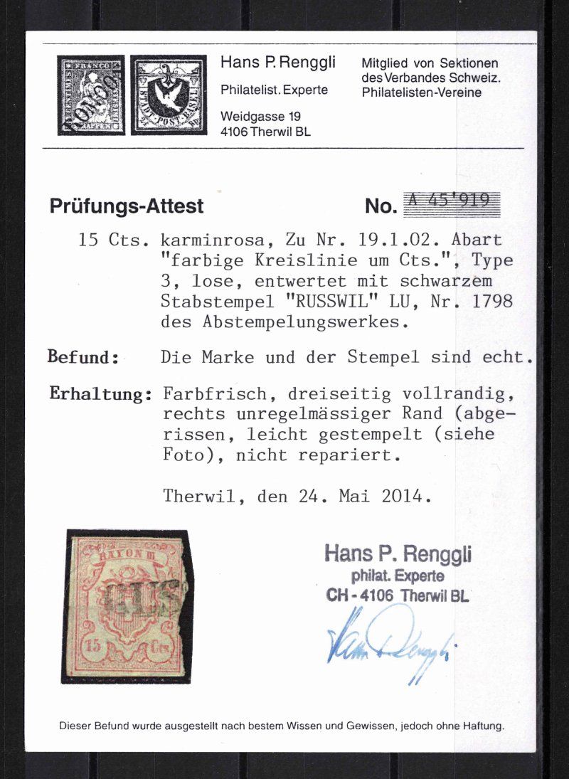 Tutti i francobolli: 1852 Rayon III Centimes Nr.19, mit Attest – Nuovo (secondo la descrizione) da Nuglar venduto da Stamp88 2