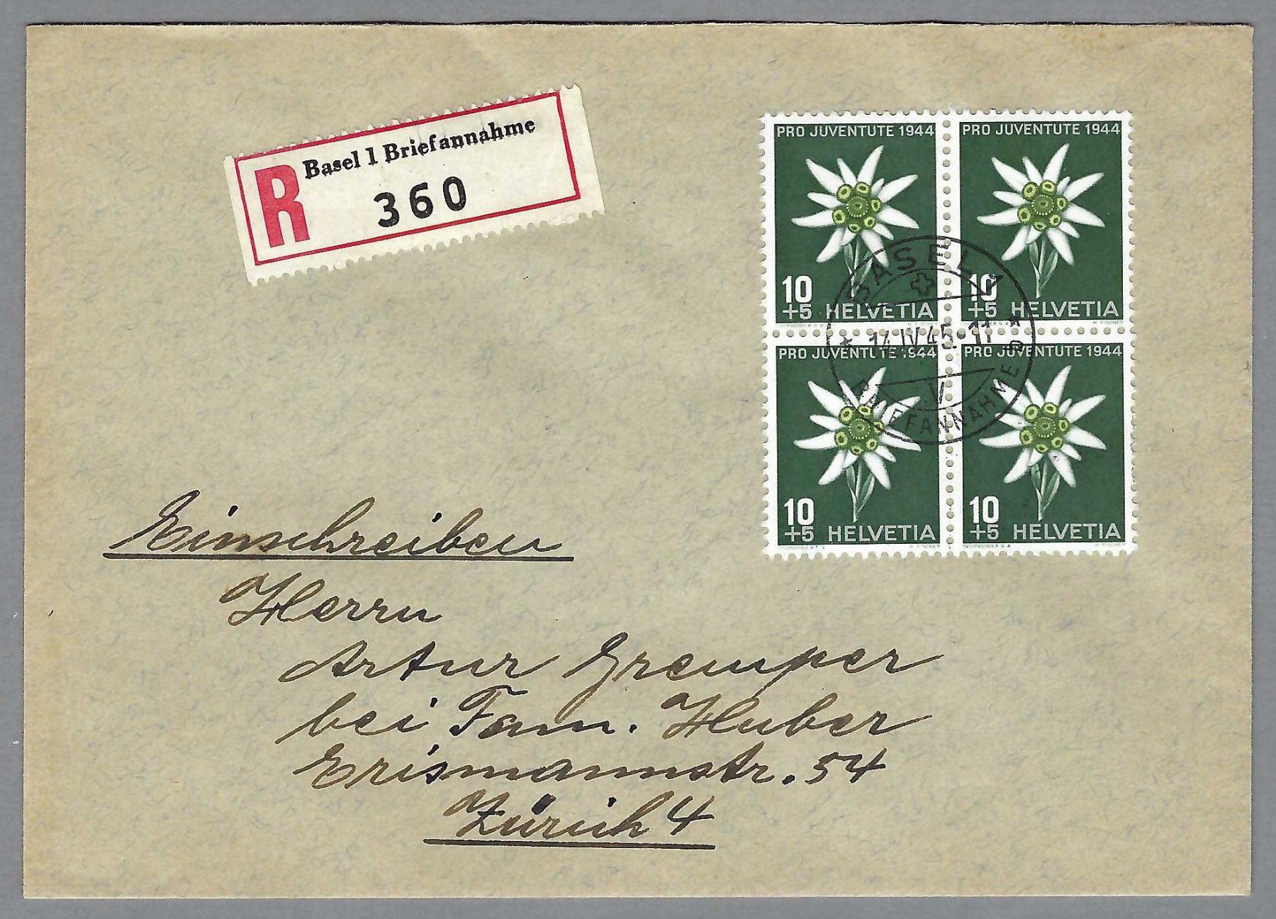 Tous les timbres: 1944, J110x4, 0 BASEL, EING. BRIEF, ANK.-0 – D'occasion à Pura par ulisse1957