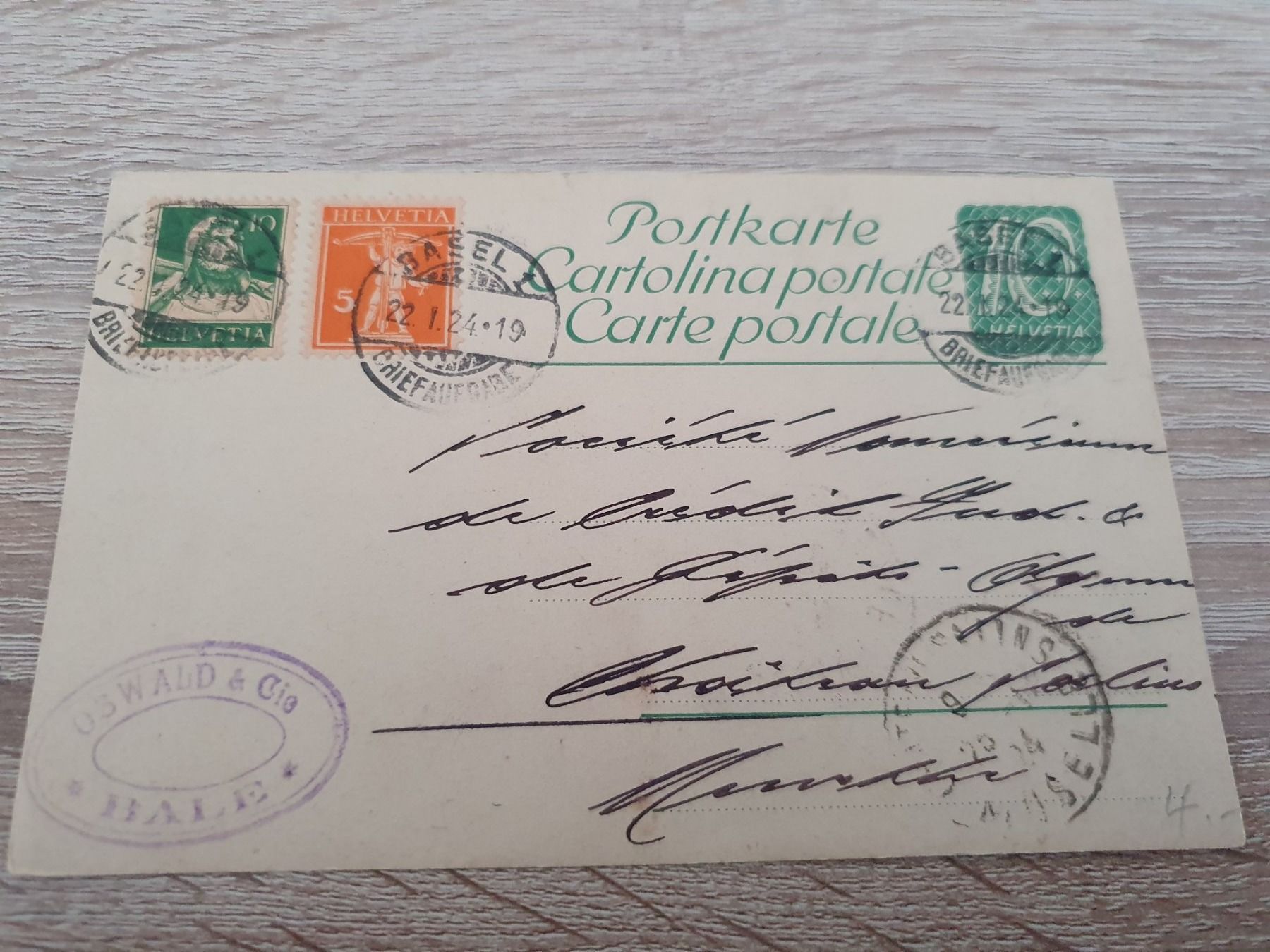 Alle Briefmarken: Postkarten Ganzsache Basel Oswald & Cie – Gebraucht aus Balgach von SIMEON27