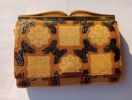 Vintage Leder Portemonnaie Goldig verziert 3 Farbig Messing
