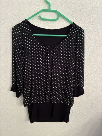 Schwarz-weiss gepunktete Lagenlook-Bluse/Chiffon-Bluse, S/XS