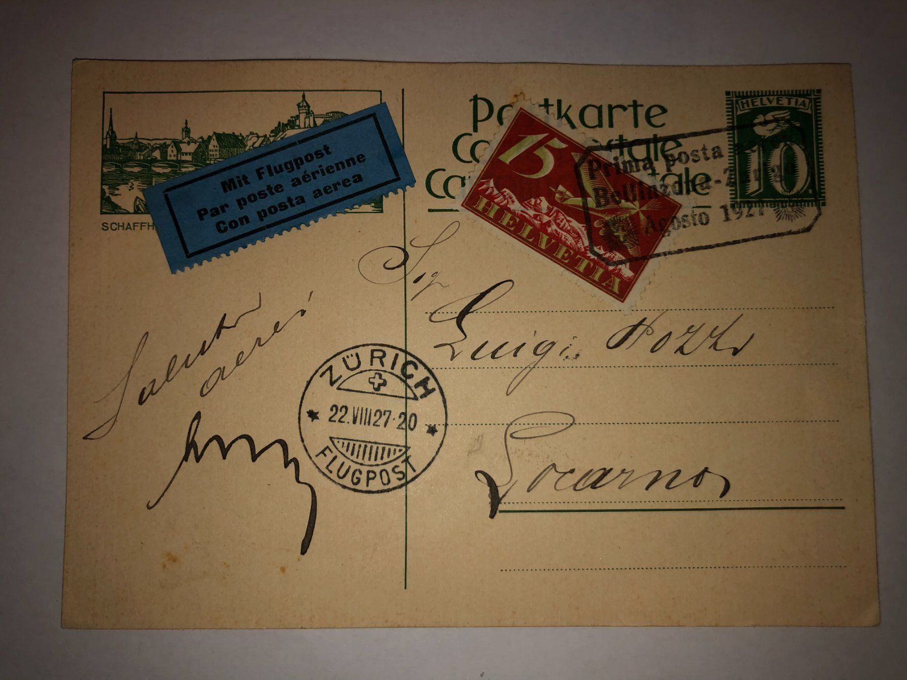 Tutti i francobolli: 10Rp. mit Flugpost 15 Pr, Nr. 3 1919 – Usato da Hefenhofen venduto da Bierinder