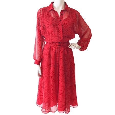 Kleid Gr. S/M Chiffon transp. Ärmel SORA rot VINTAGE 1970s