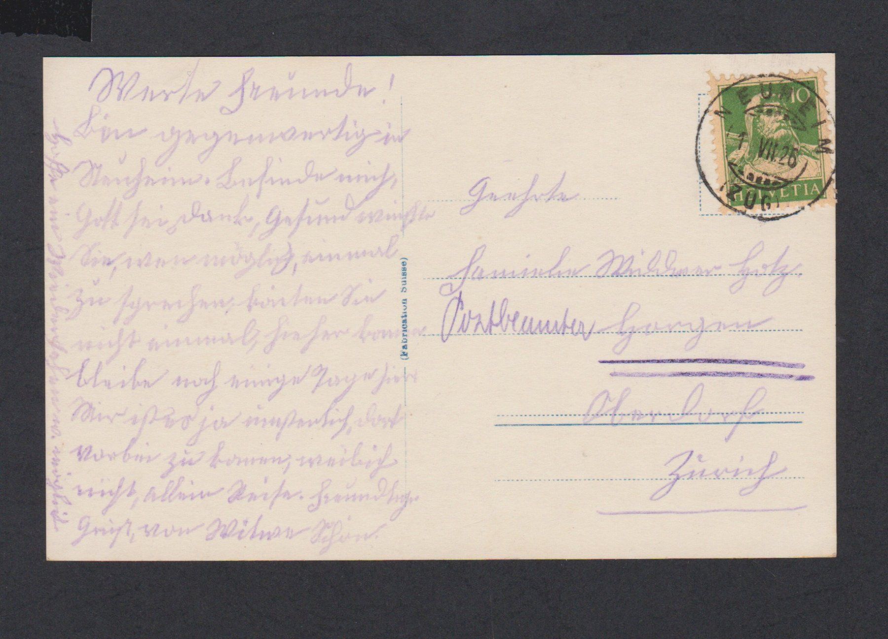 Cartoline postali: Neuheim  ZG   -   alte Ansichtskarte von 1926 – Usato da Vitznau venduto da Ropaku 1
