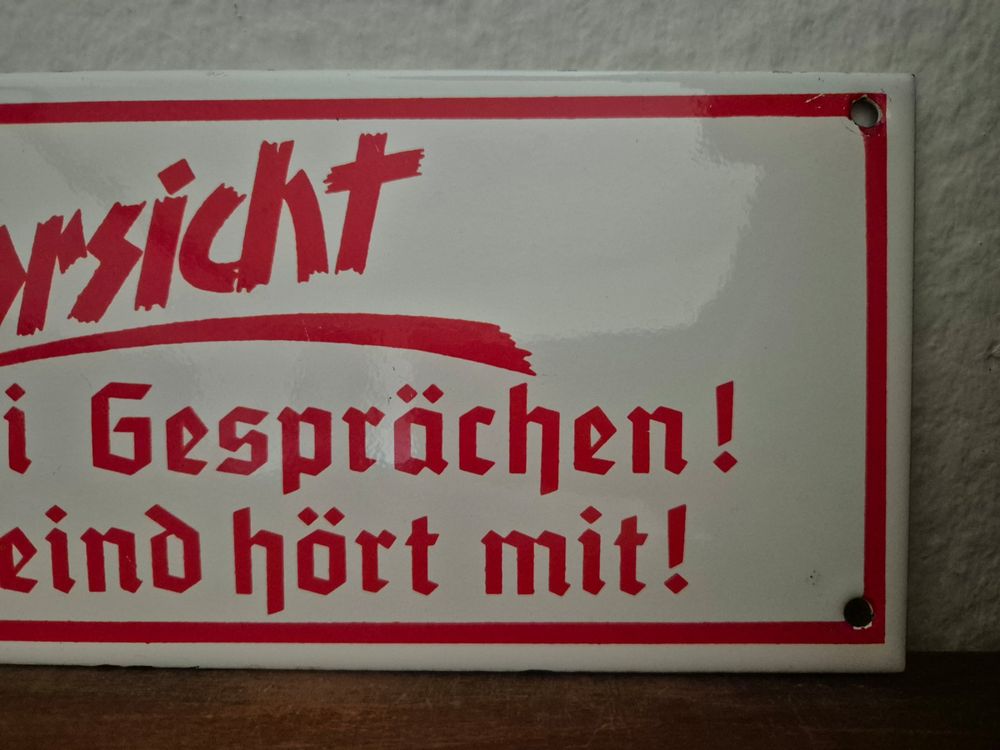 Emailschild Vorsicht Feind hört mit Spruch Emaille Schild (Neu (gemäss ...