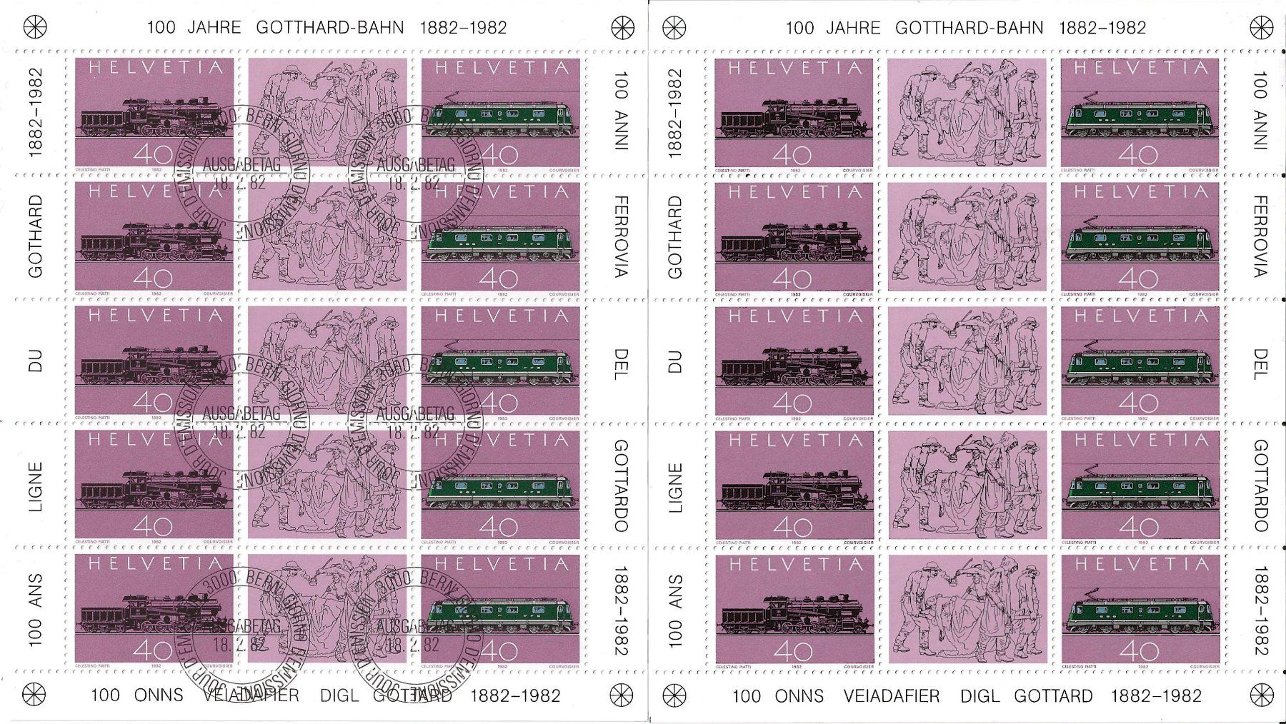 Tutti i francobolli: 2 Bogen 100 Jahre Gotthard-Bahn 1982 – Usato da Zürich venduto da Philacat11