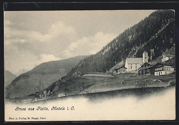 Cartoline postali: Medels i. O., Platta, Blick auf die Kirc – Usato da Berlin venduto da bartko-reher